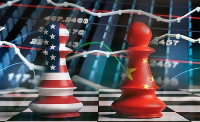 Chess pieces with American and Chinese flags on them