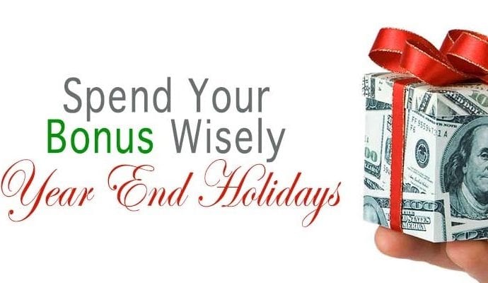 Dollar-wrap box with red box and caption "spend your bonus wisely - year end holidays"