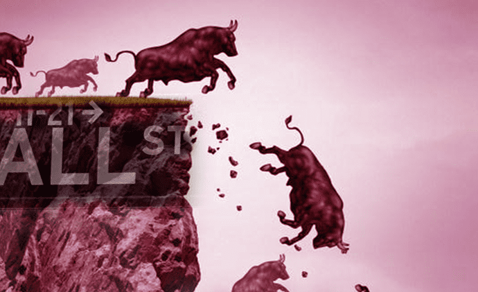 Bulls running off a cliff titled Wall Street