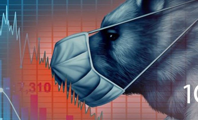 bear wearing a face mask with plummeting stock prices in background